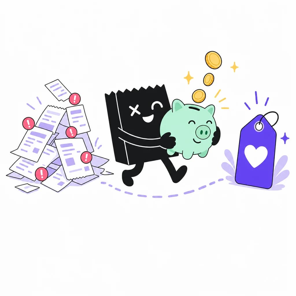 The Bookbag mascot and its little helpers carrying a piggy bank away from a pile of surprise invoices toward simple, predictable pricing