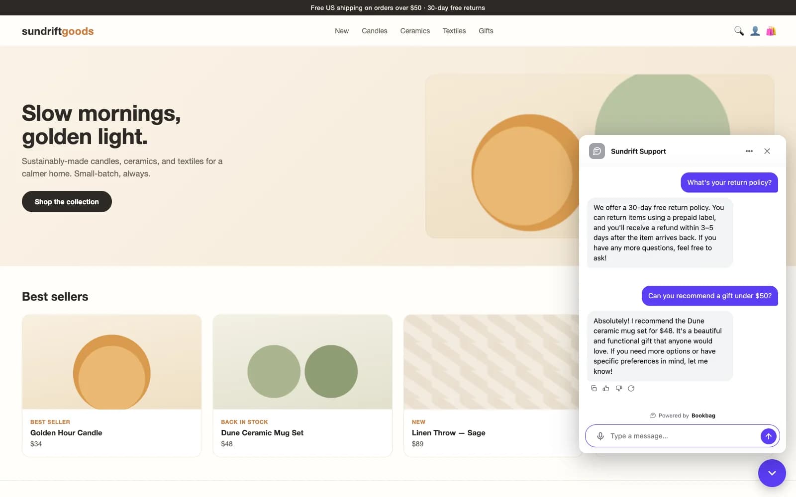 The Bookbag chat widget open on a storefront, answering a return-policy question and recommending a gift under $50