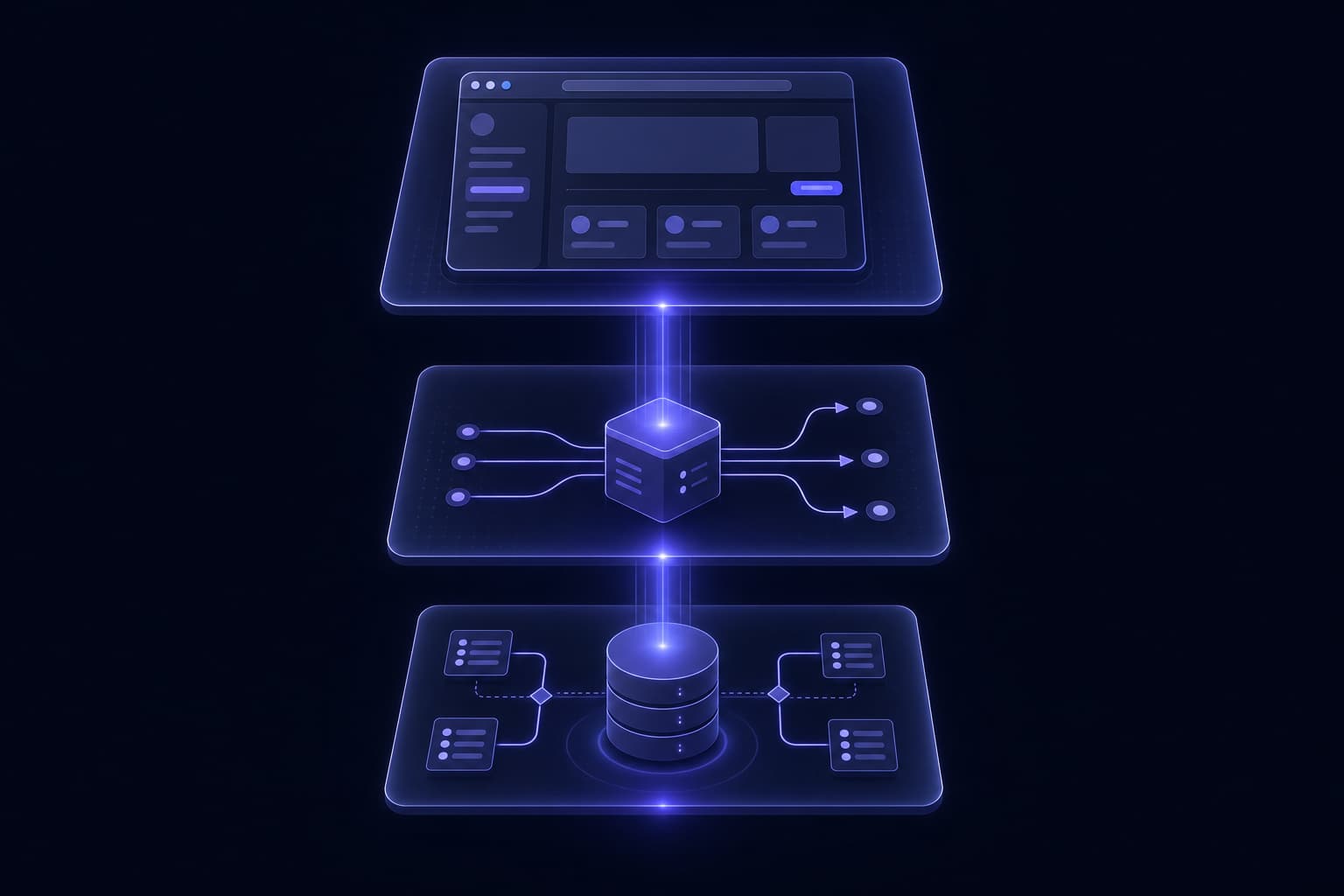 Three connected layers on a dark background: a browser UI on top, an API server with routing arrows in the middle, and a database with relationships at the bottom.