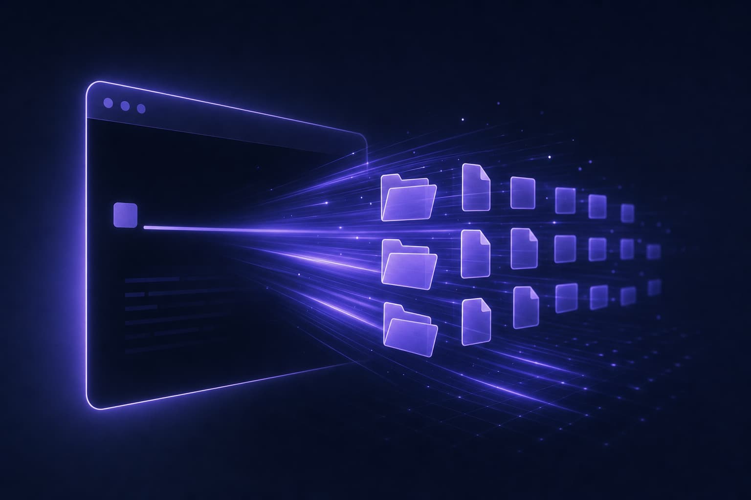A terminal window emitting an organized grid of folders and files, suggesting instant project scaffolding from a single command.
