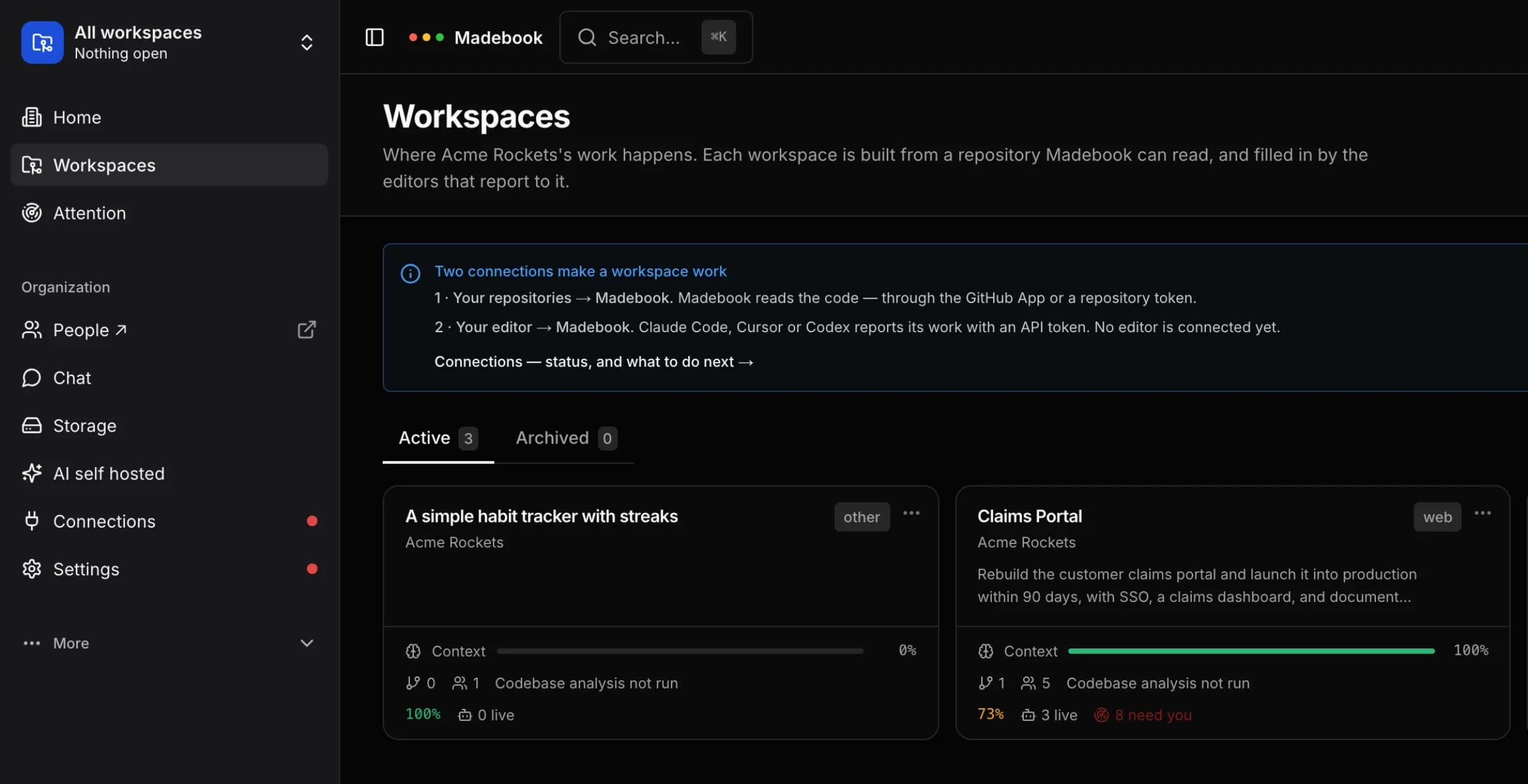 MadeBook watching a workspace: context at full, three editors live, and eight changes waiting on a person.