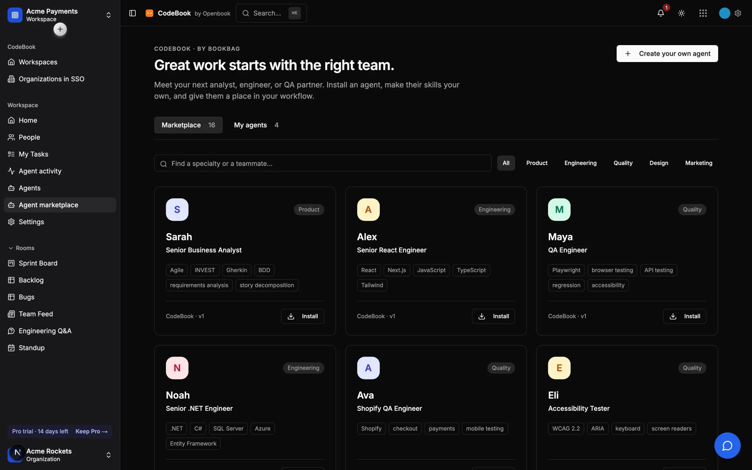 The CodeBook agent marketplace: sixteen workers, each with their own specialities, ready to install.